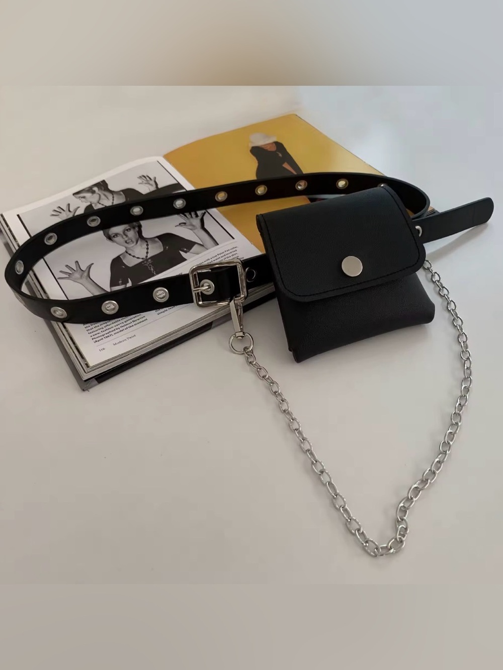 Leather Belt Bag with Chain - Black Mini Bag - Picture 7 of 10